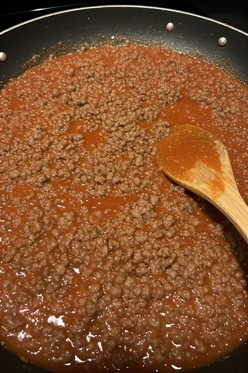Ground beef marinara meat sauce simmering in skillet for keto zucchini lasagna