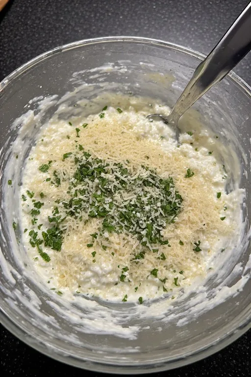 Ricotta cheese mixture with egg and Parmesan for keto zucchini lasagna layers