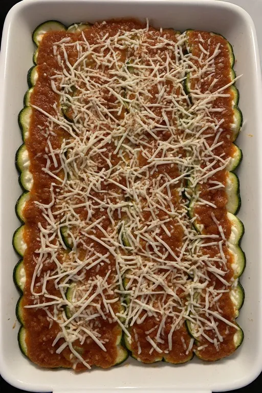 Ricotta and mozzarella layer added to keto zucchini lasagna assembly