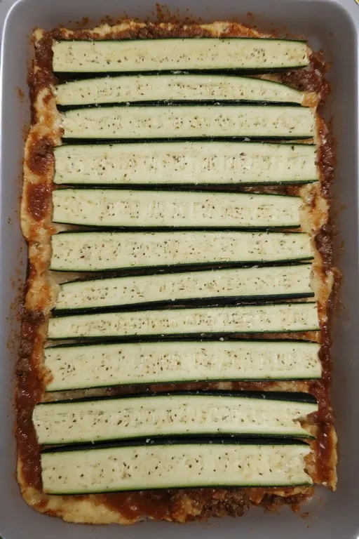 Second layer being added to keto zucchini lasagna in baking dish