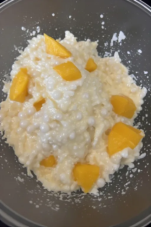 Mixed mango sago dessert in bowl before chilling
