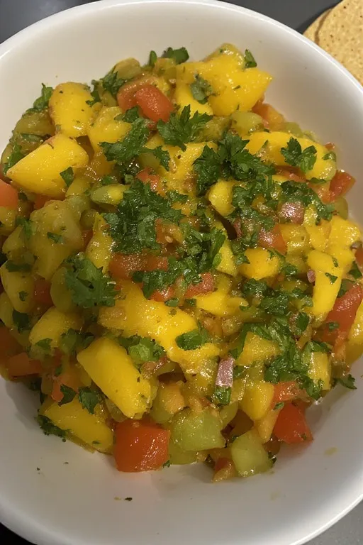 Fresh mango salsa recipe served in a bowl with tortilla chips and lime wedge