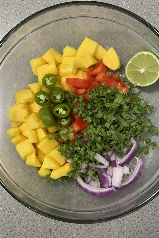 Fresh mango salsa ingredients combined in a bowl before mixing