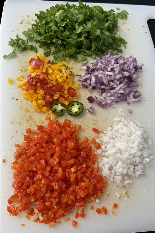 Finely diced jalapeño red onion and cilantro prepped for mango salsa recipe