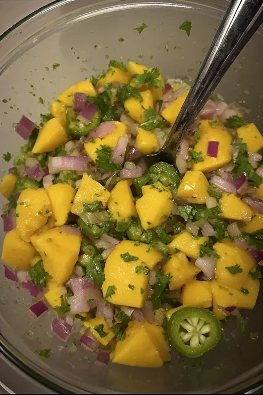 Fresh mango salsa tossed with lime juice in a bowl ready to rest