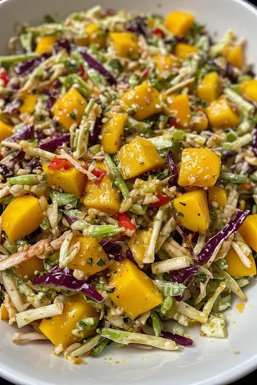 Finished mango slaw with lime dressing ready to serve at cookout