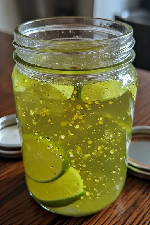 Fresh lime and rice vinegar dressing in jar for mango cabbage slaw