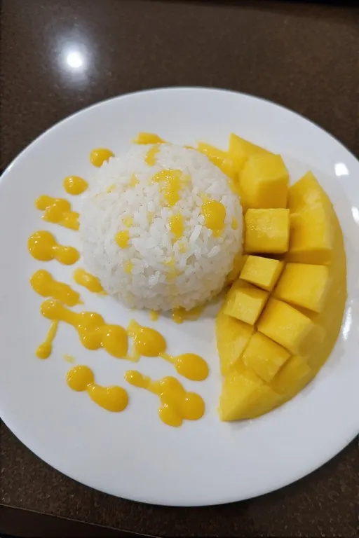 Finished mango sticky rice dessert plated with fresh mango and coconut sauce