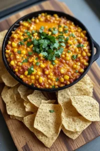 Mexican street corn dip served with tortilla chips on wooden board