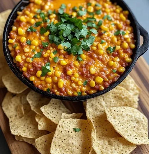 Mexican street corn dip served with tortilla chips on wooden board
