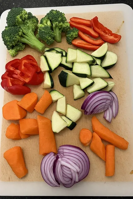Vegetables cut into similar sized pieces on cutting board for oven roasted vegetables recipe