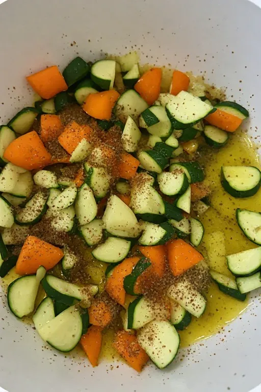 Mixed vegetables tossed with olive oil and seasoning in a large bowl for roasting
