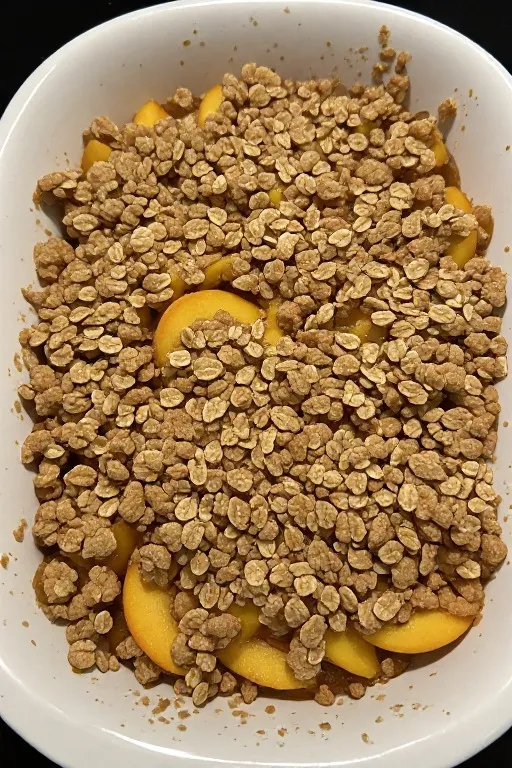 Assembled peach crisp with oat topping ready to bake
