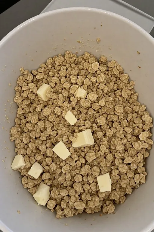 Crumbly oat topping with butter for peach crisp recipe in bowl