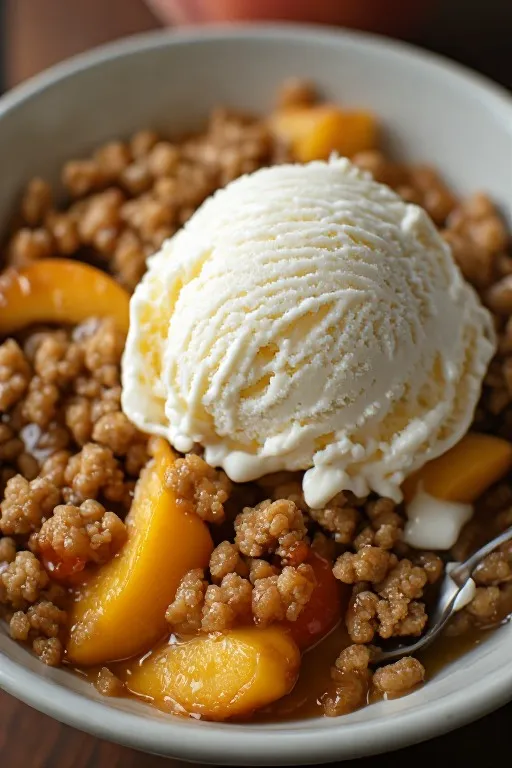 Easy peach crisp recipe served warm in bowl