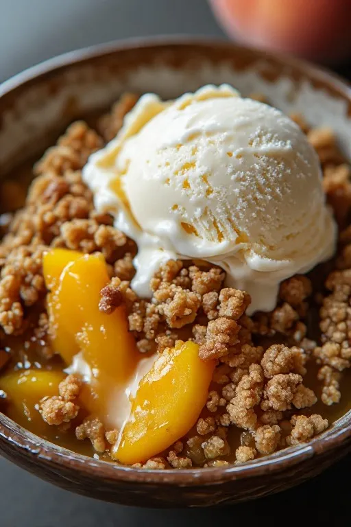 Easy peach crisp recipe served warm in bowl with vanilla ice cream