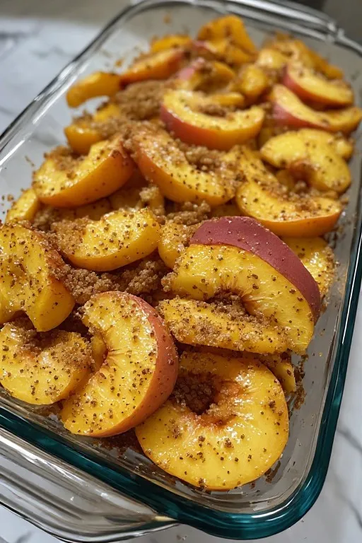  Fresh sliced peaches coated in sugar and cinnamon in baking dish for peach crisp recipe
