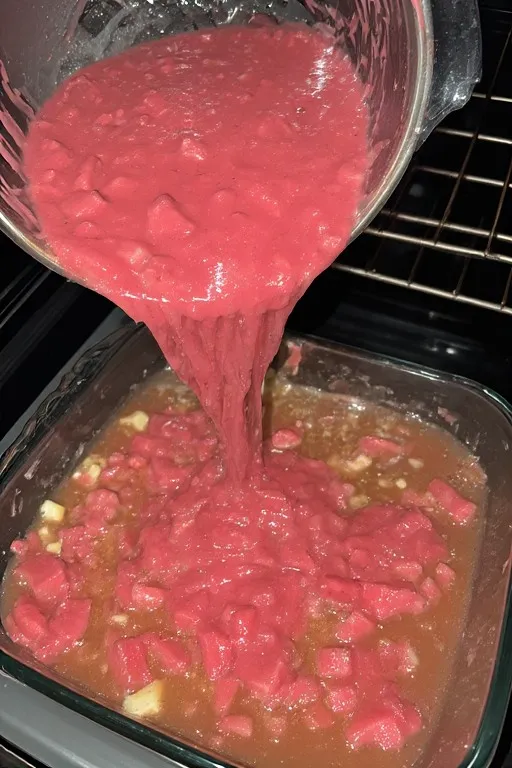 Rhubarb crisp filling poured into baking dish before adding oat topping