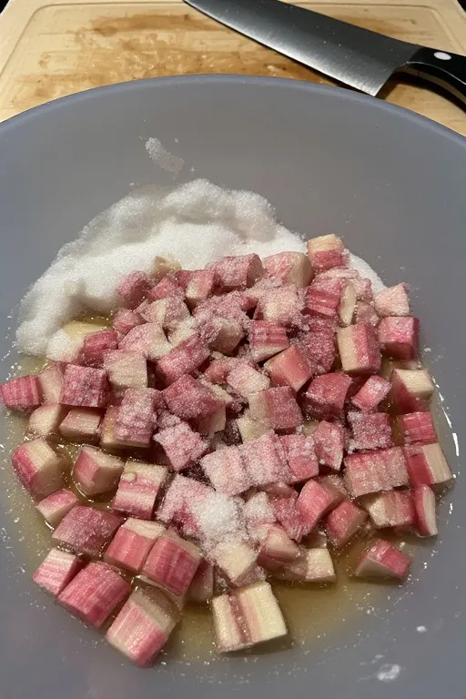 Fresh rhubarb chopped and tossed with sugar for easy rhubarb crisp recipe