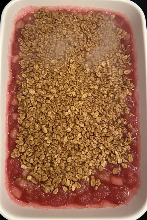 Fresh rhubarb crisp out of oven with golden oat topping and bubbling filling