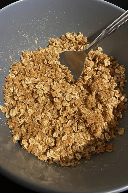 Oat crisp topping mixture with brown sugar and butter for rhubarb crisp recipe