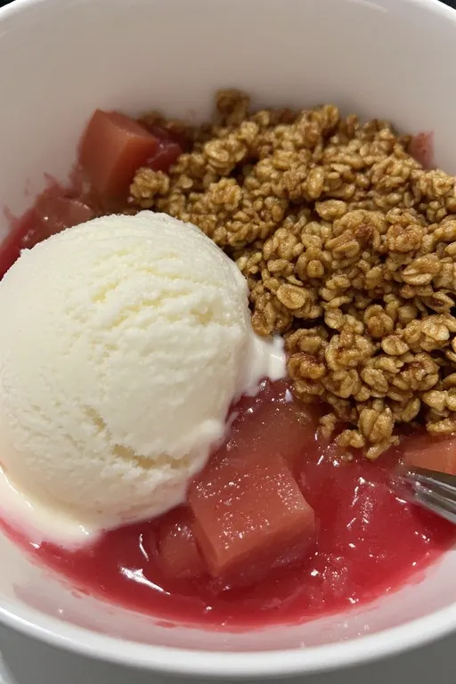 Rhubarb crisp recipe served in a bowl with vanilla ice cream melting on top