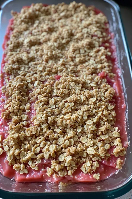 Oat crisp topping scattered over rhubarb filling in baking dish ready to bake