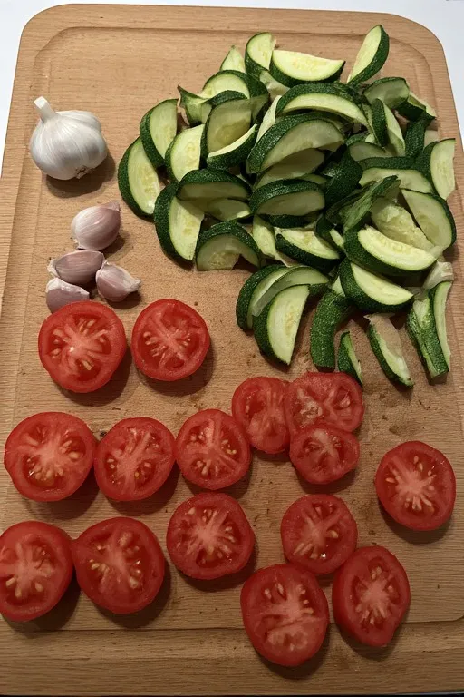 Sliced zucchini and tomatoes prepped for summer pasta dinner