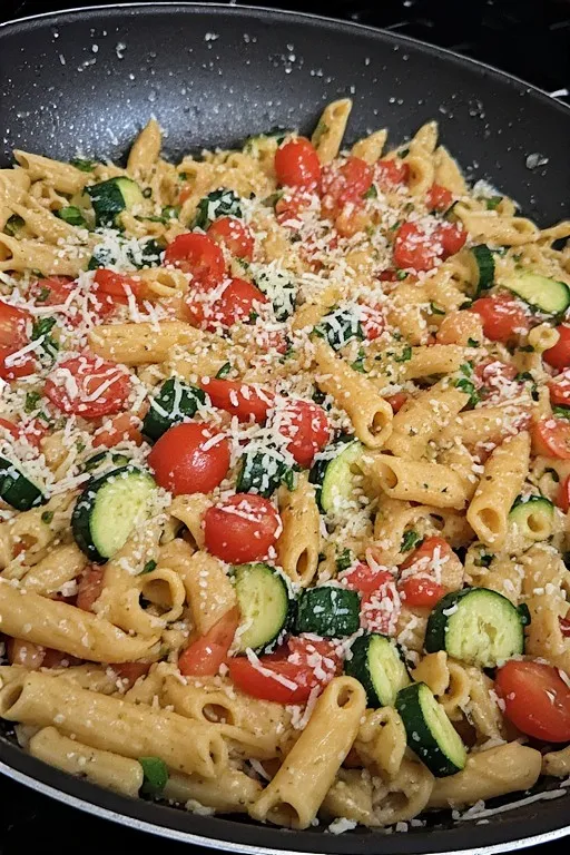 Finished tomato zucchini pasta in skillet with parmesan and basil