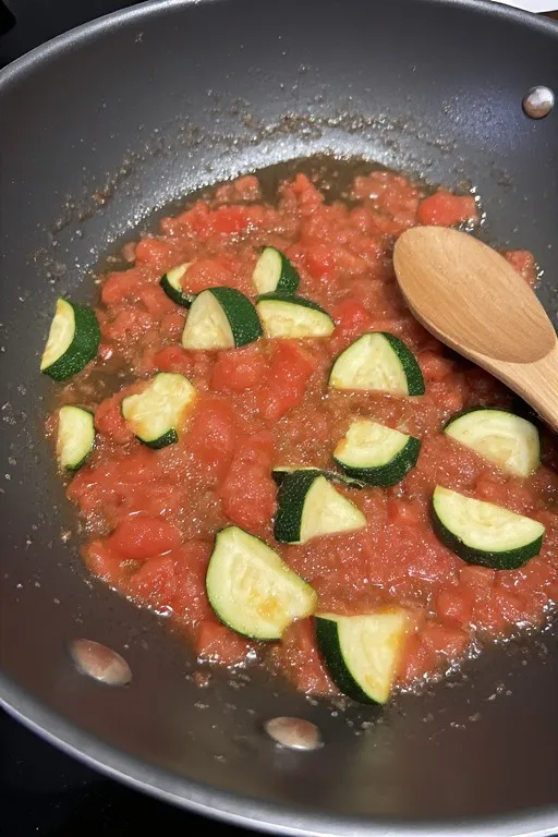 Fresh tomatoes cooking into light sauce for zucchini pasta