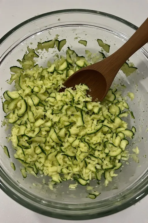 Finely grated zucchini in bowl for fudgy zucchini brownies recipe