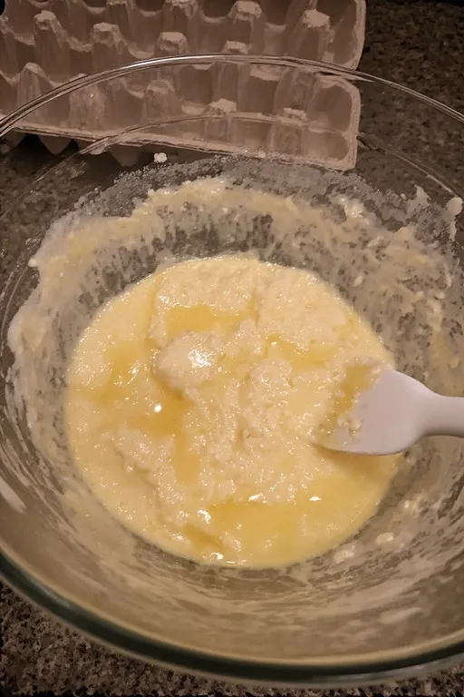 Whisked sugar oil and eggs mixture for zucchini brownies batter