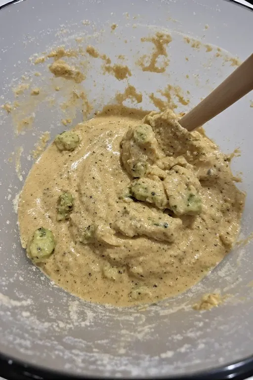 Zucchini muffin batter being folded together in a large mixing bowl