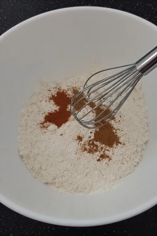 Dry ingredients whisked together in bowl for moist zucchini muffins recipe