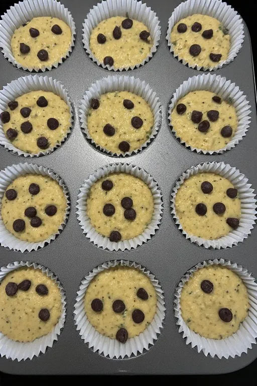 Zucchini muffin batter in lined muffin tin ready to bake with chocolate chips on top