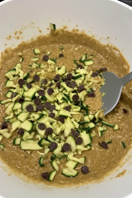 Shredded zucchini and chocolate chips folded into muffin batter