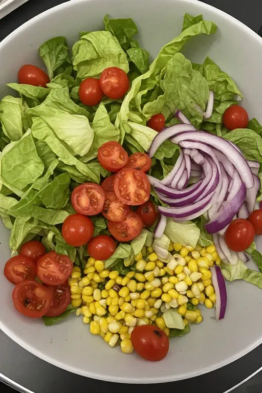 Salad base with romaine, cherry tomatoes, corn and red onion for BBQ chicken skewer salad