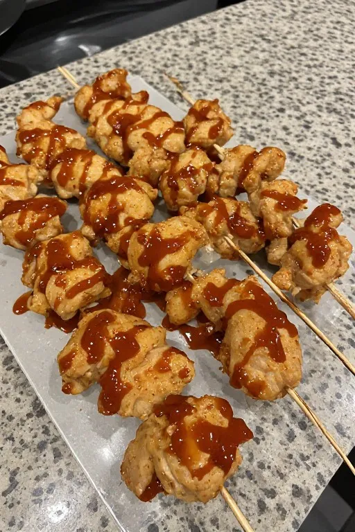 Chicken skewers brushed with BBQ sauce ready to grill for BBQ chicken skewer salad