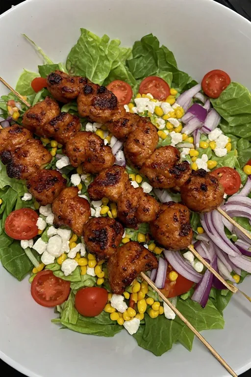 BBQ chicken skewer salad with romaine, corn, cotija and cherry tomatoes in a bowl
