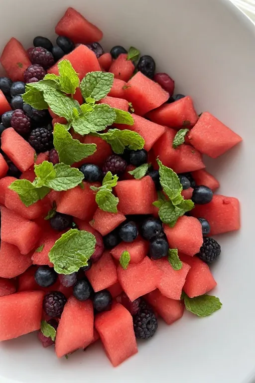 Berry watermelon fruit salad being assembled in white bowl with fresh mint