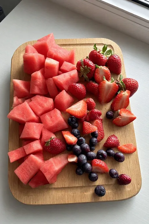 Prepped watermelon, strawberries and blueberries on cutting board for berry watermelon fruit salad