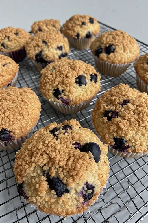 Best blueberry muffins with streusel topping cooling on wire rack