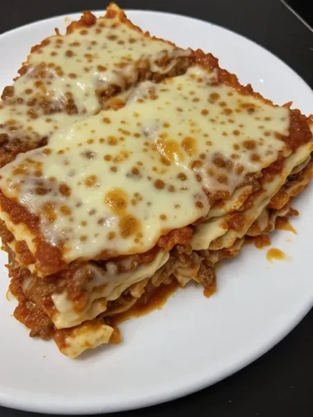 Perfect slice of best lasagna recipe showing layers of meat sauce ricotta and melted cheese