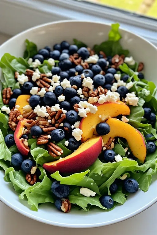 Blueberry peach feta salad assembled in white bowl before dressing is added