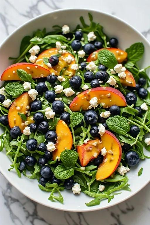 Blueberry peach feta salad with honey lemon dressing in white bowl ready to serve
