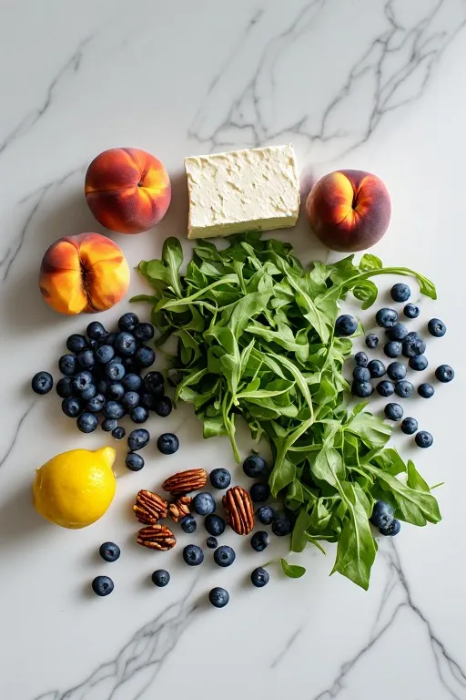 Fresh ingredients for blueberry peach feta salad including peaches, blueberries, feta and arugula