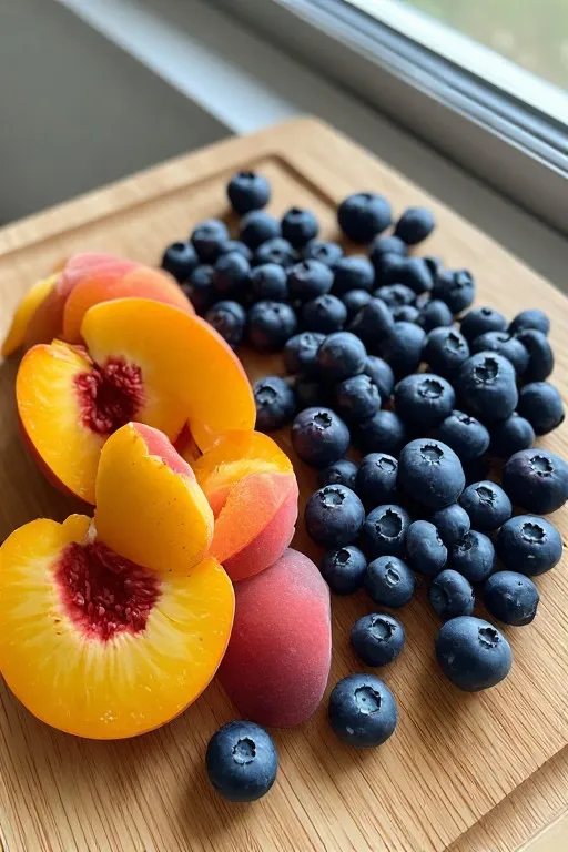 Sliced peaches and fresh blueberries on cutting board for blueberry peach feta salad