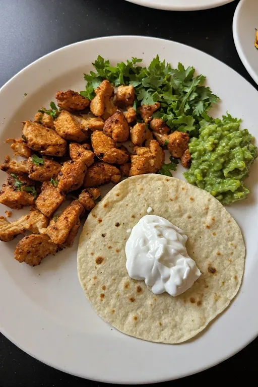 Sheet pan chicken fajitas served in warm flour tortillas with sour cream guacamole and cilantro