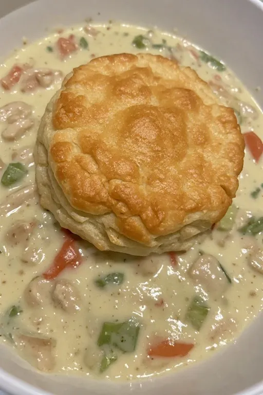 Crock pot chicken pot pie in bowl with golden biscuit on top ready to serve