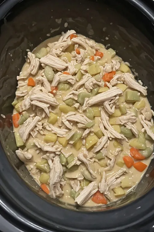 Creamy crock pot chicken pot pie filling with shredded chicken and vegetables in slow cooker